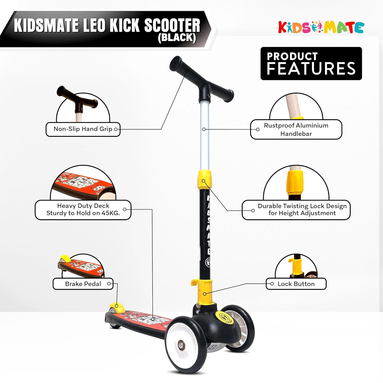 Black Kidsmate Leo 3-wheel Kick Scooter for kids, featuring 3 adjustable heights, durable PVC wheels, and a rear brake for safe, foldable fun. Usmile Toys." www.usmile.toys